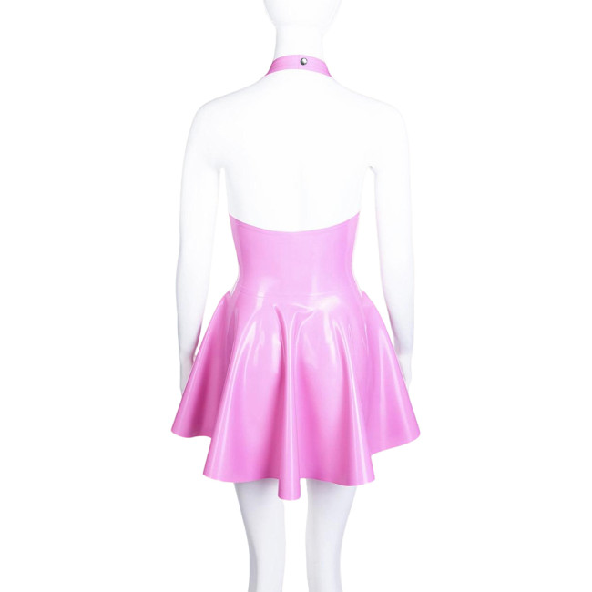 High Waist A-line Pleated Dress for Women Smoothing PVC Leather Halter Mini Dress Sexy V Neck Backless Club Party Short Dresses