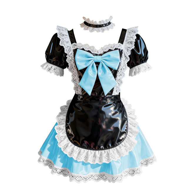 Wetlook Sweet Party Cosplay Maid Prom Dress Short Sleeve Lolita Bow Pleated Mini Dress Glossy PVC Leather French Maid Uniforms