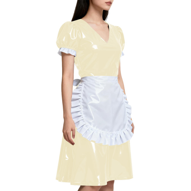 Short Sleeve Elegant Maid Outfits for Womens Anime Apron Maid Role Play Knee-length Dress Vinyl PVC Leather Cosplay Maid Uniform