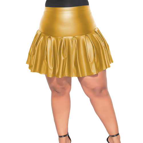 Plus Size Fashion Mini Pleated Skirts PU Matte Leather Gothic Streetwear High Waist Slim and Flared Skirt Women Punk Short Skirt