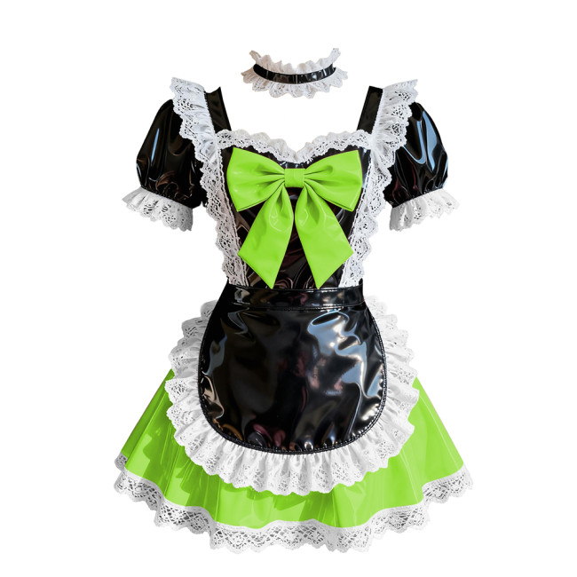 Wetlook Sweet Party Cosplay Maid Prom Dress Short Sleeve Lolita Bow Pleated Mini Dress Glossy PVC Leather French Maid Uniforms