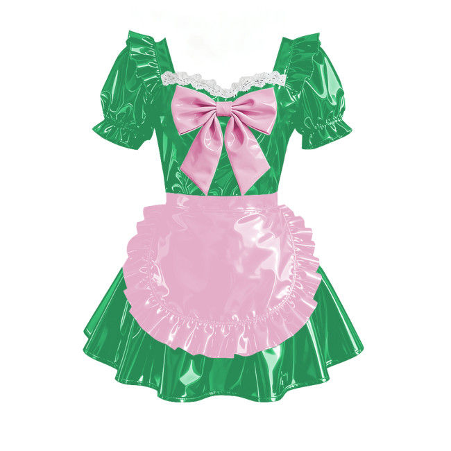 Sweet Bowtie Puff Short Sleeve Maid Uniforms Vinyl PVC Leather Pleated Short Evening Dress Sissy Cosplay Party Lolita Prom Dress