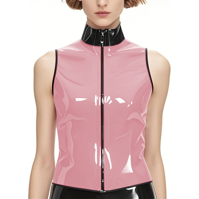 Punk PVC Shiny Leather Stand Collar Tank Tops Wetlook Zipper Front Vest Top Womens Mens Slim Sleeveless Jacket Club Costumes
