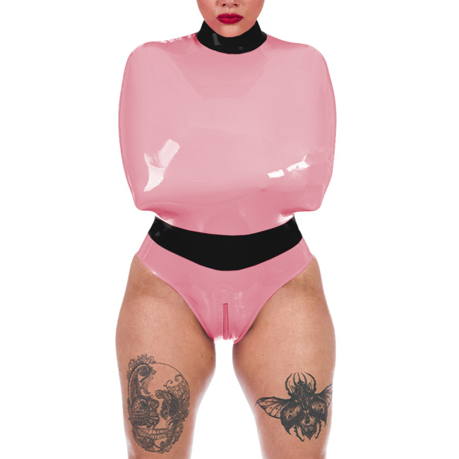 Wet Look Sexy PVC Wrap Bodysuit Sissy Exotic Sleeveless High Neck Bondage Catsuit Cosplay Zipper Open Crotch High Cut Rompers