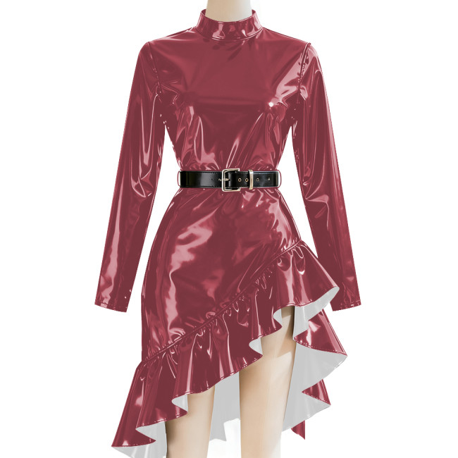 Chic Mock Neck Ruffle Irregular Midi Dress Women Solid High Waist Pleated PVC Shiny Dresses Long Sleeve  Evening Banquet Dress