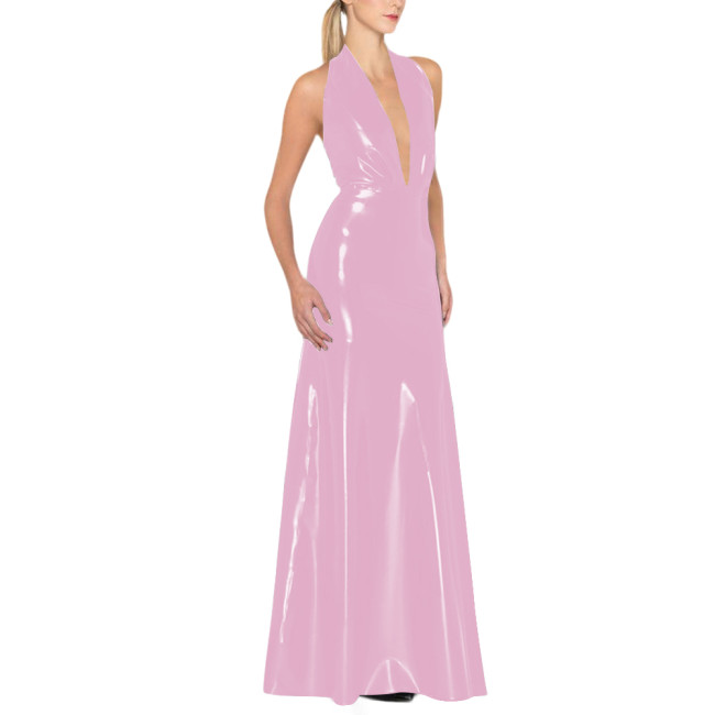 Womens Backless Sexy Maxi Dress Latex-look Party Halter Deep V Neck Sleeveless Long Dresses Glossy PVC High Waist Elegant Dress