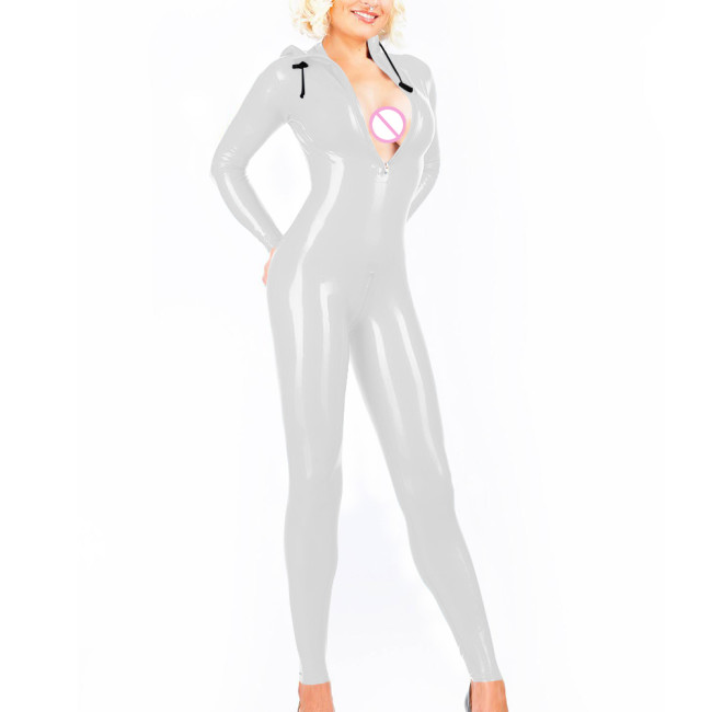Women's Glossy PVC Leather Bodysuit Hooded Jumpsuit Sexy Club Wear Long Sleeve Wetlook Party Overalls Rave Dance Cosplay Catsuit