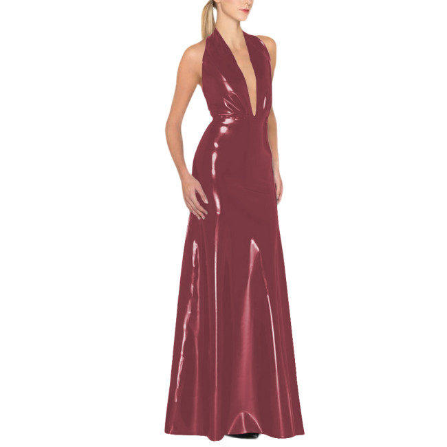 Womens Backless Sexy Maxi Dress Latex-look Party Halter Deep V Neck Sleeveless Long Dresses Glossy PVC High Waist Elegant Dress
