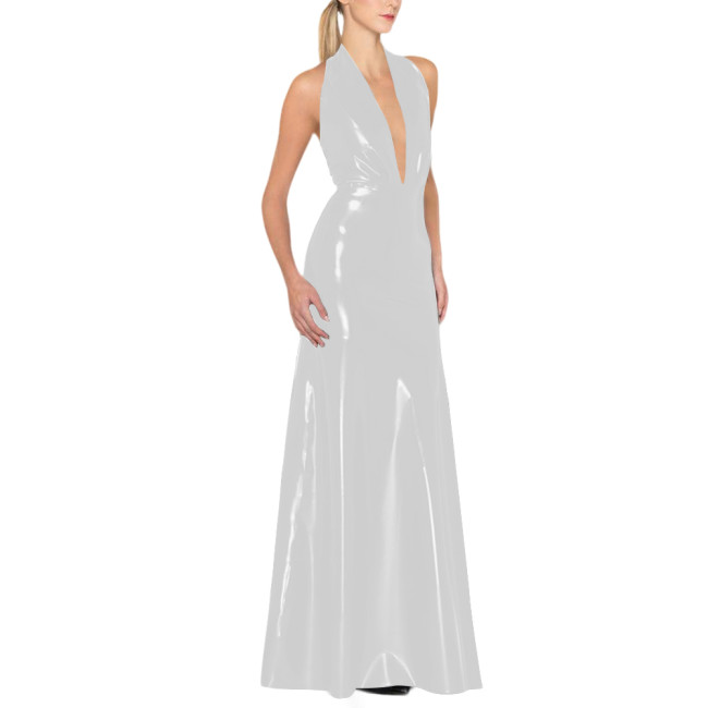 Womens Backless Sexy Maxi Dress Latex-look Party Halter Deep V Neck Sleeveless Long Dresses Glossy PVC High Waist Elegant Dress