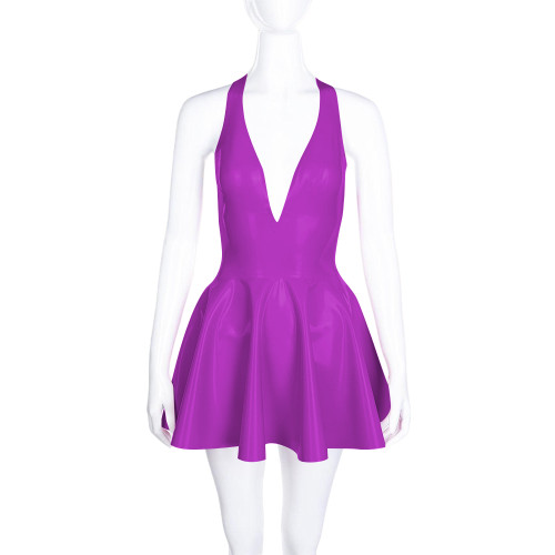 High Waist A-line Pleated Dress for Women Smoothing PVC Leather Halter Mini Dress Sexy V Neck Backless Club Party Short Dresses