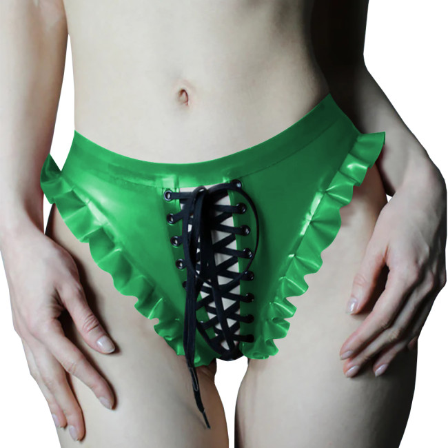 Women PVC Vinyl Leather Cut Out Thongs Briefs Wet Look Lace-up Underwear Exoitc Zipper Open Crotch Panties Sexy Nightclub Wear