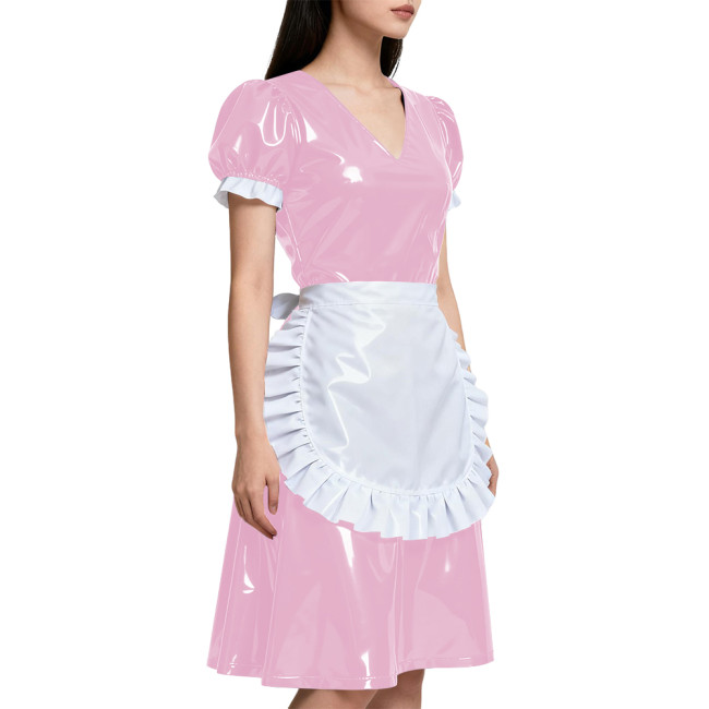 Short Sleeve Elegant Maid Outfits for Womens Anime Apron Maid Role Play Knee-length Dress Vinyl PVC Leather Cosplay Maid Uniform