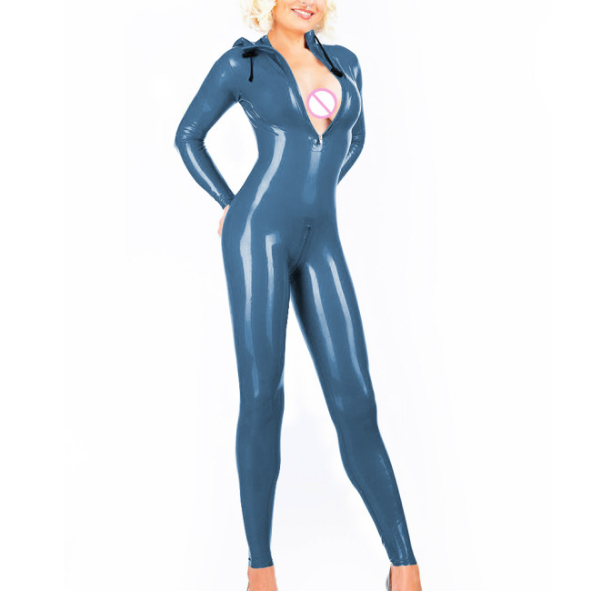 Women's Glossy PVC Leather Bodysuit Hooded Jumpsuit Sexy Club Wear Long Sleeve Wetlook Party Overalls Rave Dance Cosplay Catsuit
