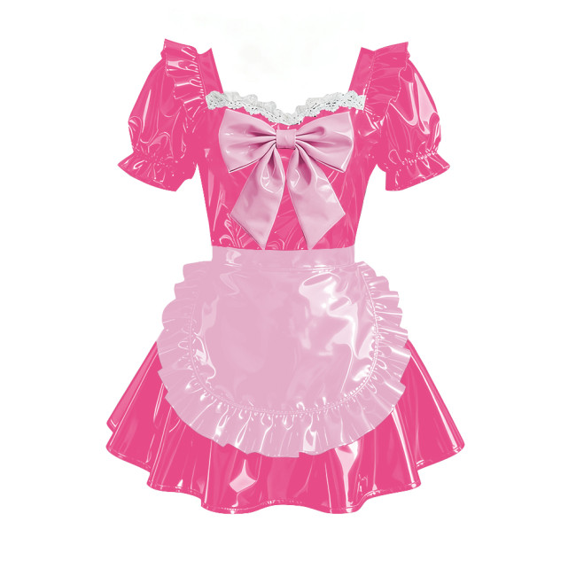 Sweet Bowtie Puff Short Sleeve Maid Uniforms Vinyl PVC Leather Pleated Short Evening Dress Sissy Cosplay Party Lolita Prom Dress