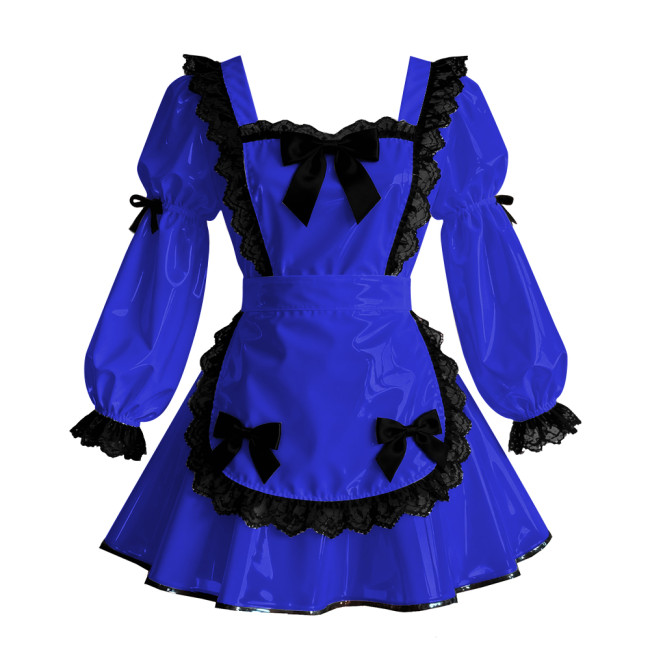 Sissy Cosplay Lace Trims Maid Prom Dress with Apron Puff Sleeve Halloween Gothic Lolita Evening Dress PVC Shiny Maid Uniform