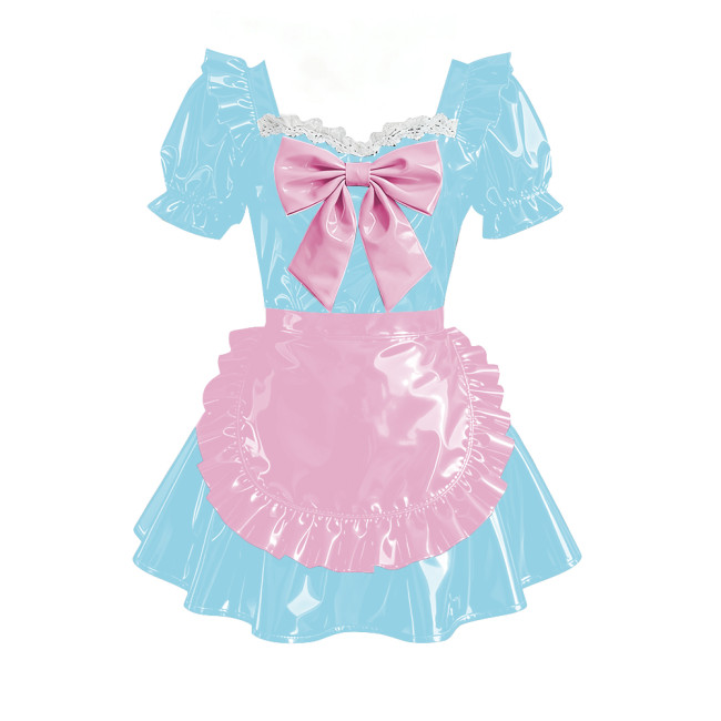 Sweet Bowtie Puff Short Sleeve Maid Uniforms Vinyl PVC Leather Pleated Short Evening Dress Sissy Cosplay Party Lolita Prom Dress
