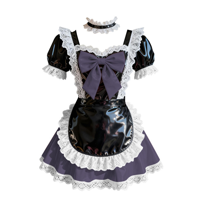 Wetlook Sweet Party Cosplay Maid Prom Dress Short Sleeve Lolita Bow Pleated Mini Dress Glossy PVC Leather French Maid Uniforms