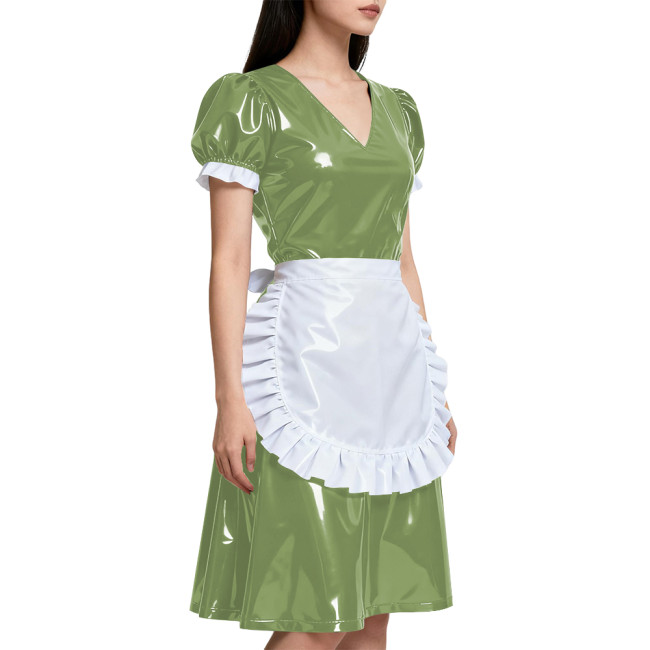 Short Sleeve Elegant Maid Outfits for Womens Anime Apron Maid Role Play Knee-length Dress Vinyl PVC Leather Cosplay Maid Uniform