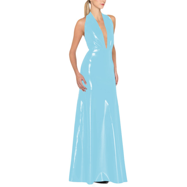 Womens Backless Sexy Maxi Dress Latex-look Party Halter Deep V Neck Sleeveless Long Dresses Glossy PVC High Waist Elegant Dress