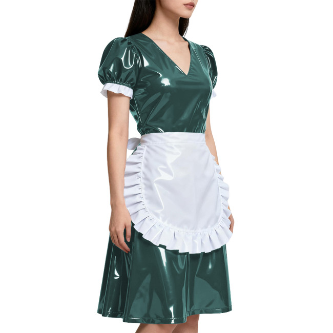 Short Sleeve Elegant Maid Outfits for Womens Anime Apron Maid Role Play Knee-length Dress Vinyl PVC Leather Cosplay Maid Uniform