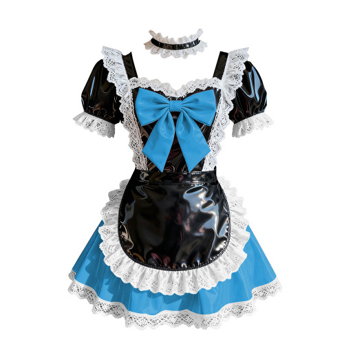 Wetlook Sweet Party Cosplay Maid Prom Dress Short Sleeve Lolita Bow Pleated Mini Dress Glossy PVC Leather French Maid Uniforms