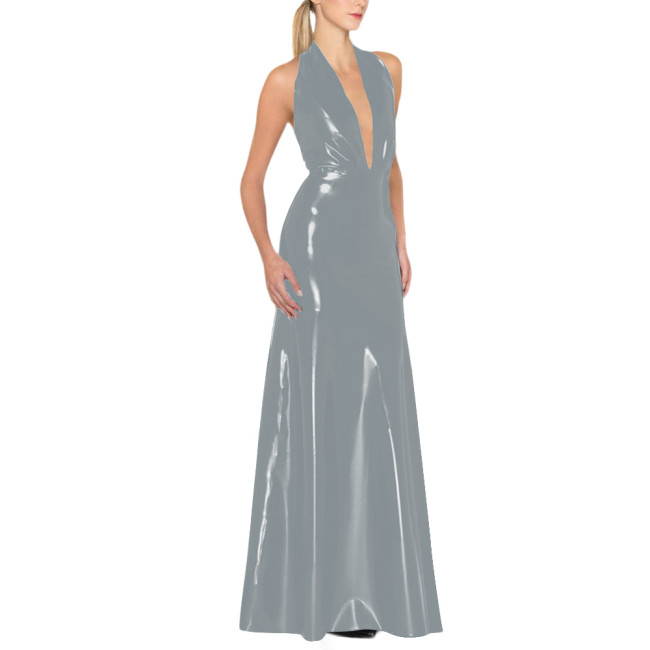 Womens Backless Sexy Maxi Dress Latex-look Party Halter Deep V Neck Sleeveless Long Dresses Glossy PVC High Waist Elegant Dress