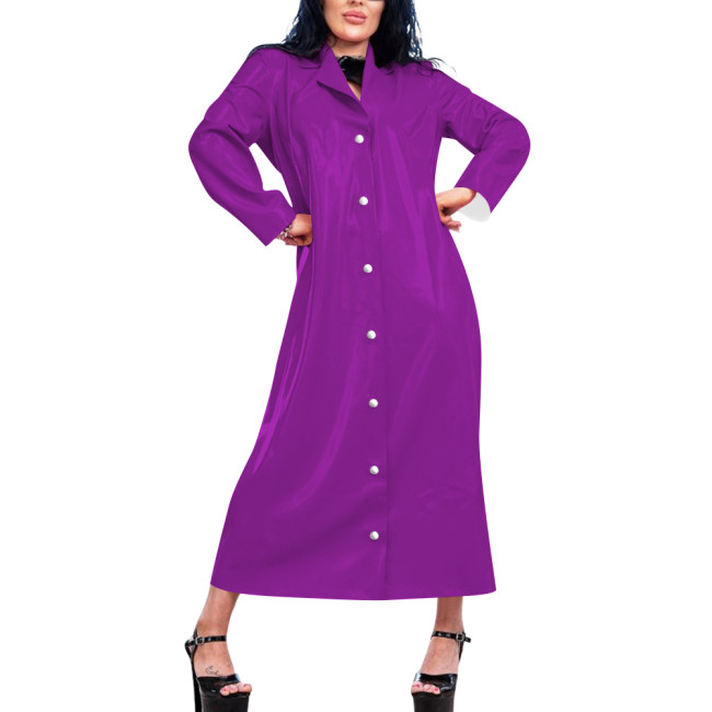 Womens Long Wetlook Oversized Trench Coat Shiny Lapel Single-breasted PVC Leather Maxi Coat Fashion Punk Long Sleeve Outerwear