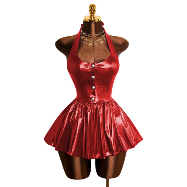 Sexy Women's Metallic Shiny Halter Mini Dress Party V-Neck Backless Tight Pleated Short Dress Plus Size Clothing Female Clubwear