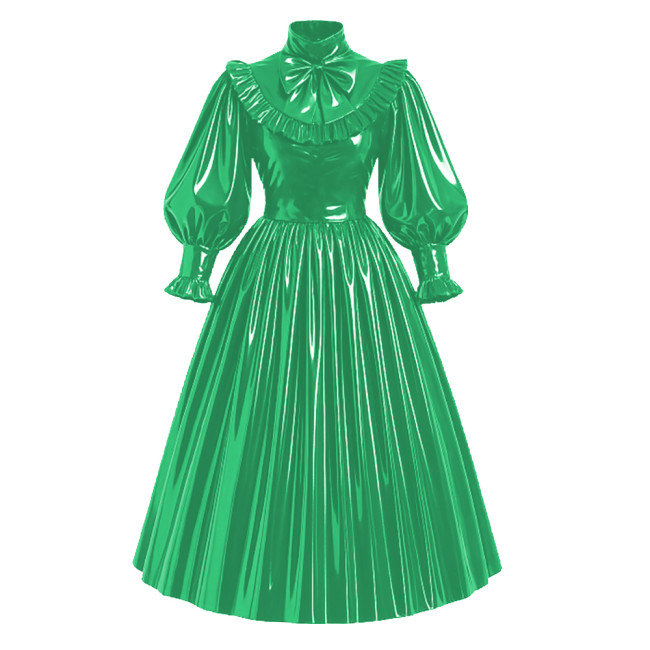 Lockable French Style Maxi Dress PVC Glossy Leather Puff Sleeve Bow Lolita Long Pleated Dress Robe Elegant Party Formal Wear 7XL