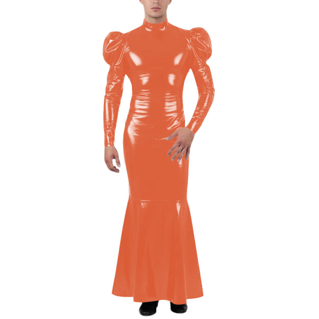 Unisex Wetlook Long Mermaid Dress PVC Patent Leather Turtleneck Slim Ankle-length Dress with Ruffles Coctail Party Gown Vestidos