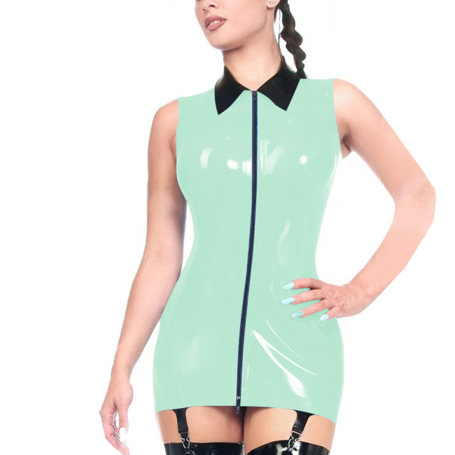 Plus Size Turn-down Collar Slim Fit Club Dress with Garter Clips Glossy PVC Leather Sleeveless Tight Dress Womens Wet Partywear