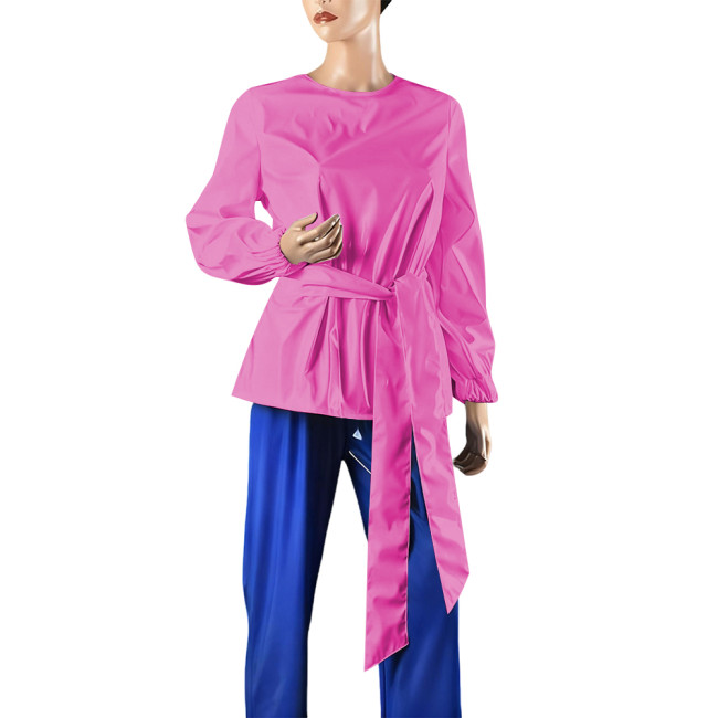 Plus Size Women Casual O-neck Long Sleeve T-shirts Elegant PVC Shiny Leather Female Blouse with Belt Fashion Ladies Office Tops