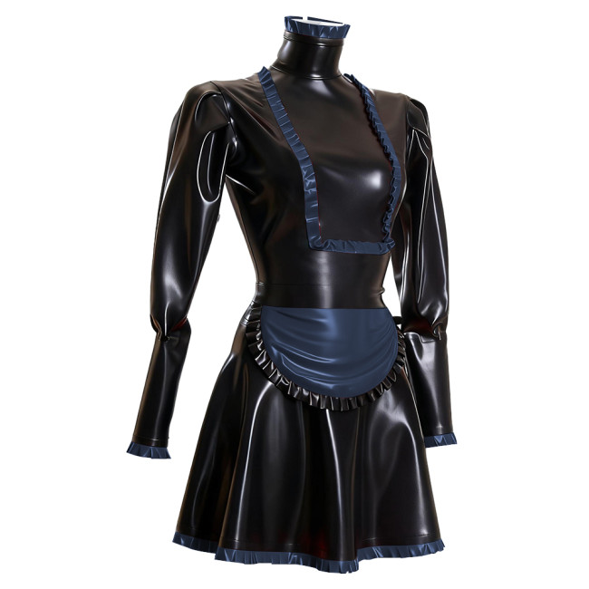 Sissy Maid PVC Long Sleeve Dress Outfits Ruffles High Neck French Maid Cosplay Costumes Cross-dresser Pleated Maid Uniforms 7XL