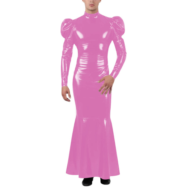 Unisex Wetlook Long Mermaid Dress PVC Patent Leather Turtleneck Slim Ankle-length Dress with Ruffles Coctail Party Gown Vestidos