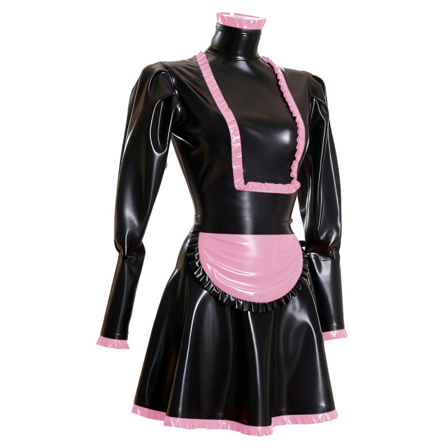 Sissy Maid PVC Long Sleeve Dress Outfits Ruffles High Neck French Maid Cosplay Costumes Cross-dresser Pleated Maid Uniforms 7XL