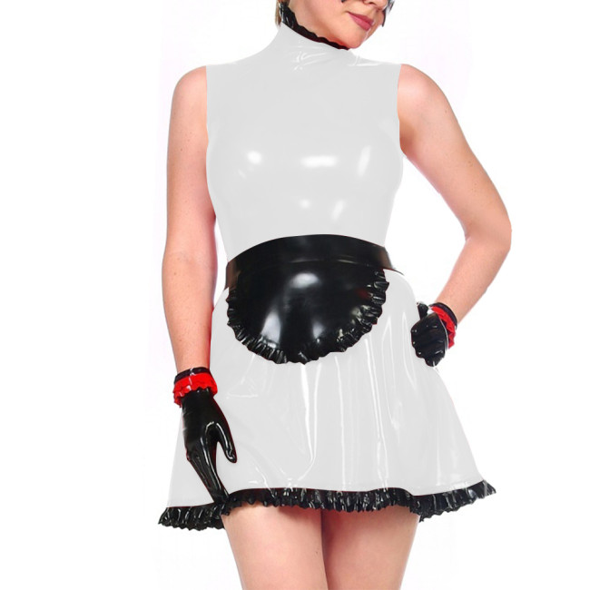Womens Maid Cosplay Dress Outfits Ruffles Trim Apron Glossy PVC Leather A-line Dress Maid Uniforms for Halloween Carnival Party