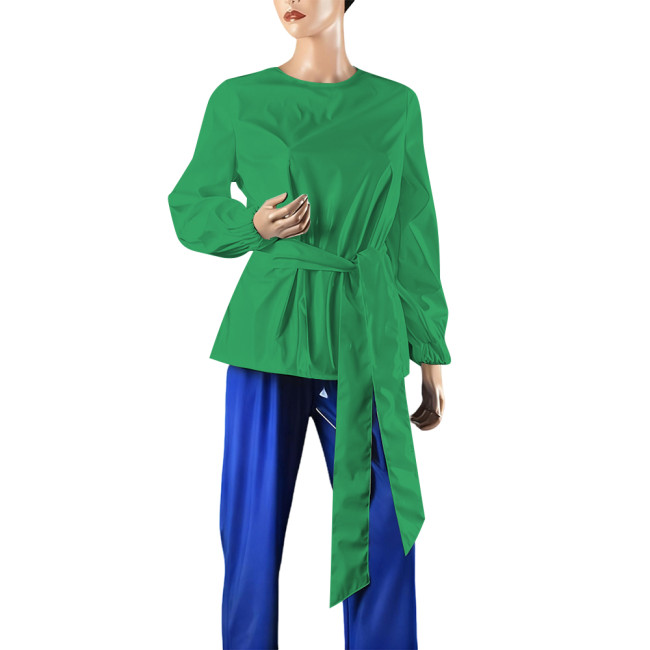 Plus Size Women Casual O-neck Long Sleeve T-shirts Elegant PVC Shiny Leather Female Blouse with Belt Fashion Ladies Office Tops