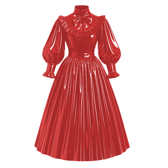 Lockable French Style Maxi Dress PVC Glossy Leather Puff Sleeve Bow Lolita Long Pleated Dress Robe Elegant Party Formal Wear 7XL
