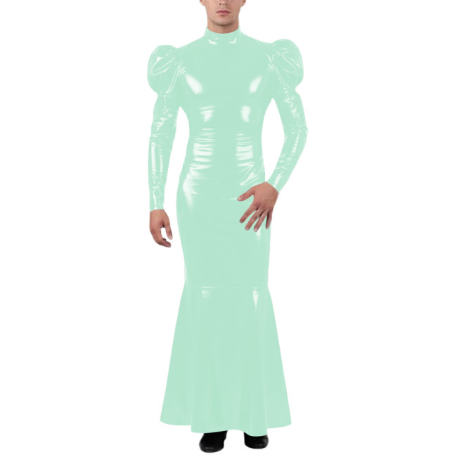 Unisex Wetlook Long Mermaid Dress PVC Patent Leather Turtleneck Slim Ankle-length Dress with Ruffles Coctail Party Gown Vestidos
