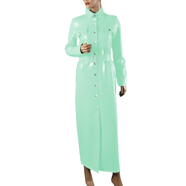 Elegant Shiny PVC Leather Long Pencil Dress Evening Gown Retro Style Pocket Button-Up Dress with Belt Plus Size Trench Dresses
