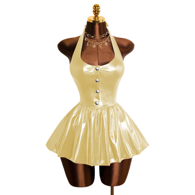 Sexy Women's Metallic Shiny Halter Mini Dress Party V-Neck Backless Tight Pleated Short Dress Plus Size Clothing Female Clubwear