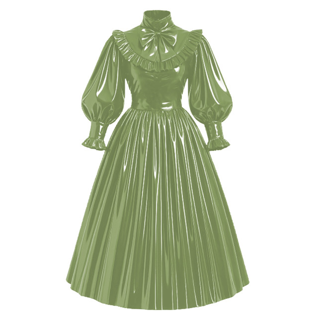 Lockable French Style Maxi Dress PVC Glossy Leather Puff Sleeve Bow Lolita Long Pleated Dress Robe Elegant Party Formal Wear 7XL