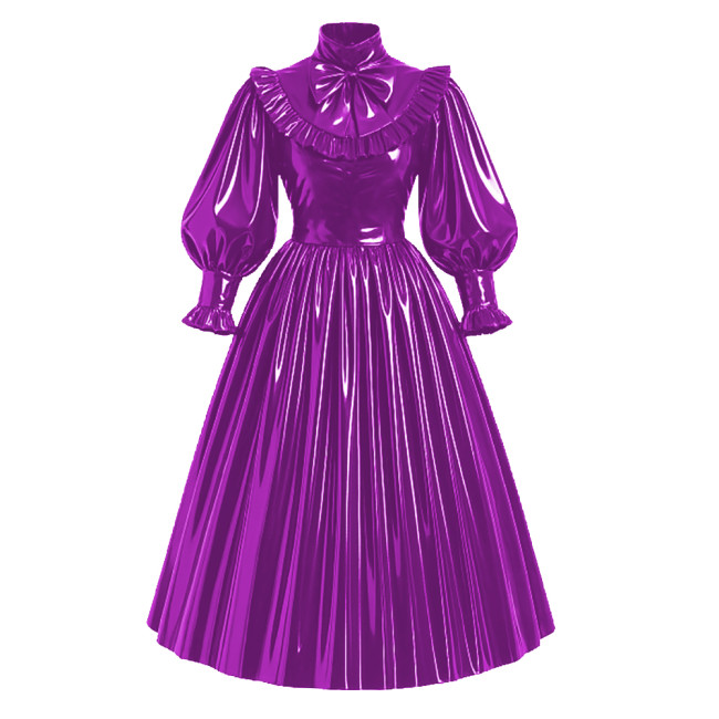 Lockable French Style Maxi Dress PVC Glossy Leather Puff Sleeve Bow Lolita Long Pleated Dress Robe Elegant Party Formal Wear 7XL