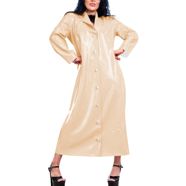 Womens Long Wetlook Oversized Trench Coat Shiny Lapel Single-breasted PVC Leather Maxi Coat Fashion Punk Long Sleeve Outerwear