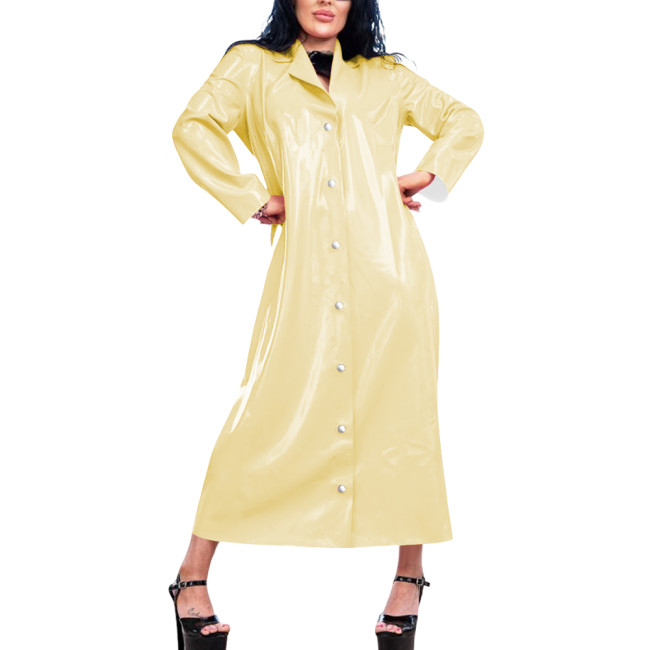 Womens Long Wetlook Oversized Trench Coat Shiny Lapel Single-breasted PVC Leather Maxi Coat Fashion Punk Long Sleeve Outerwear