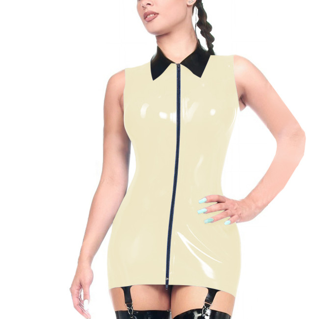 Plus Size Turn-down Collar Slim Fit Club Dress with Garter Clips Glossy PVC Leather Sleeveless Tight Dress Womens Wet Partywear