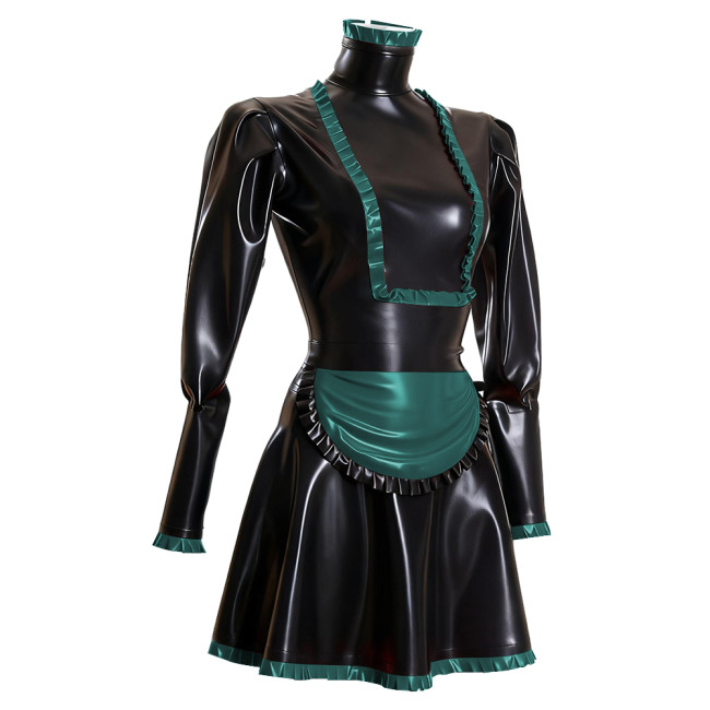 Sissy Maid PVC Long Sleeve Dress Outfits Ruffles High Neck French Maid Cosplay Costumes Cross-dresser Pleated Maid Uniforms 7XL