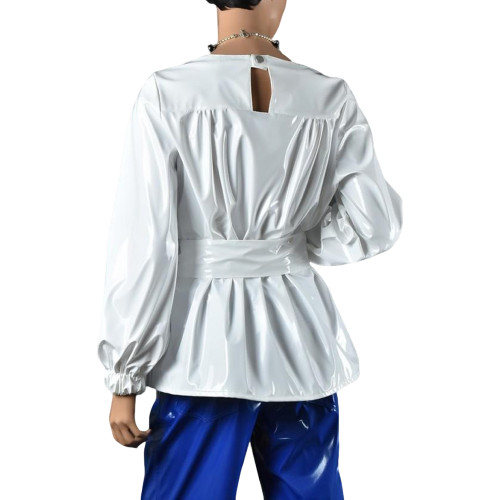 Plus Size Women Casual O-neck Long Sleeve T-shirts Elegant PVC Shiny Leather Female Blouse with Belt Fashion Ladies Office Tops