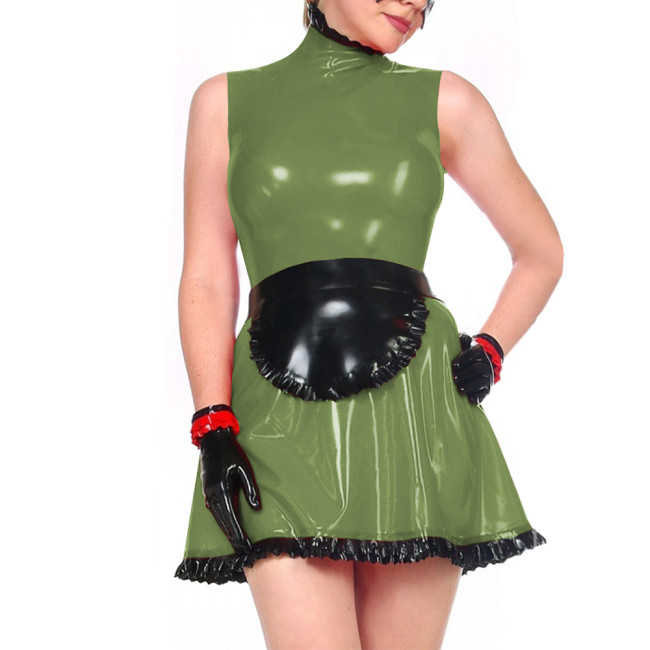 Womens Maid Cosplay Dress Outfits Ruffles Trim Apron Glossy PVC Leather A-line Dress Maid Uniforms for Halloween Carnival Party