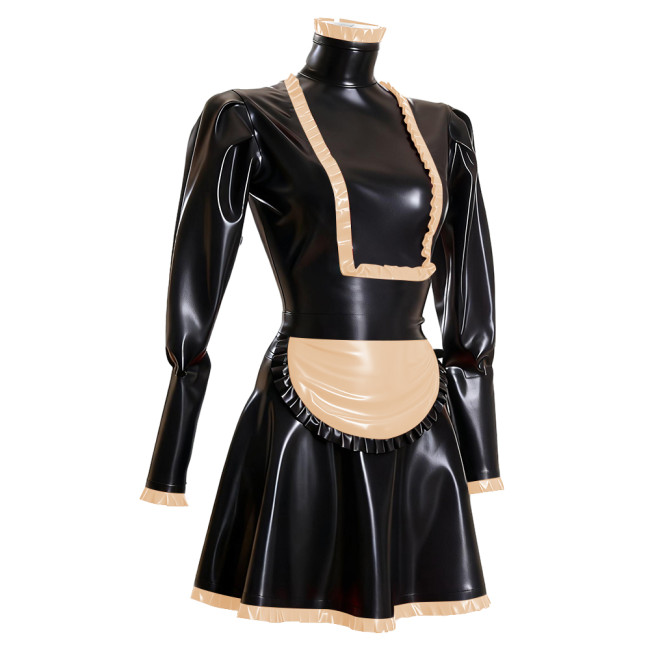 Sissy Maid PVC Long Sleeve Dress Outfits Ruffles High Neck French Maid Cosplay Costumes Cross-dresser Pleated Maid Uniforms 7XL
